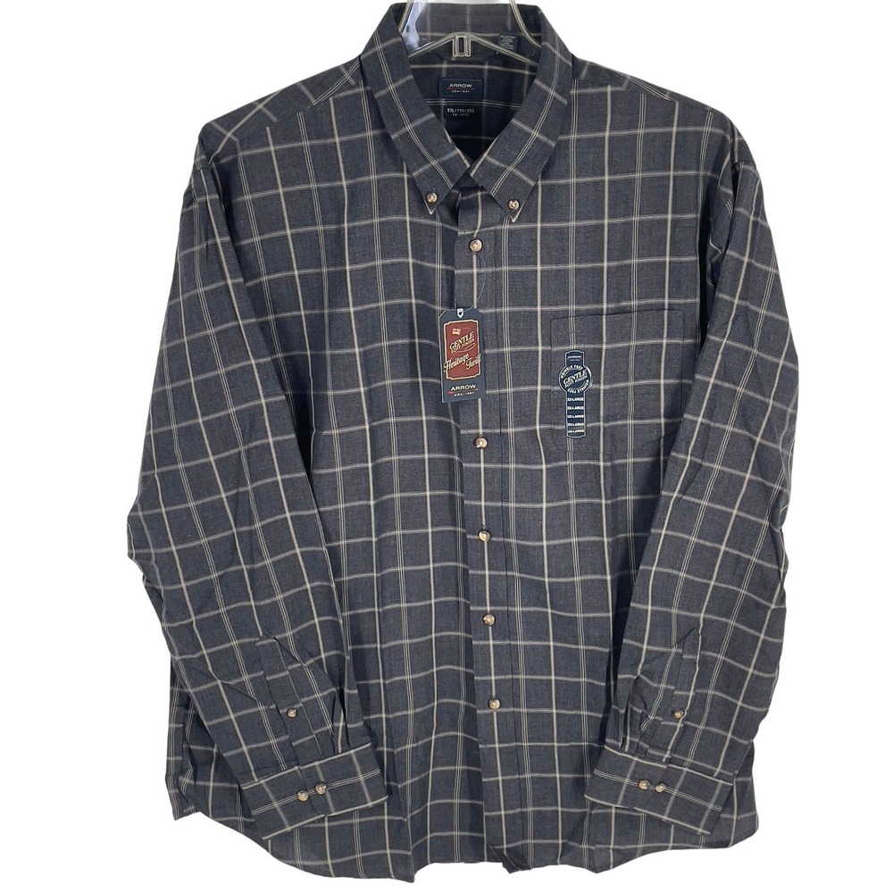 NWT Arrow 1851 Men's XXL Gray Plaid Heritage Twill Long Sleeve Button Down Shirt